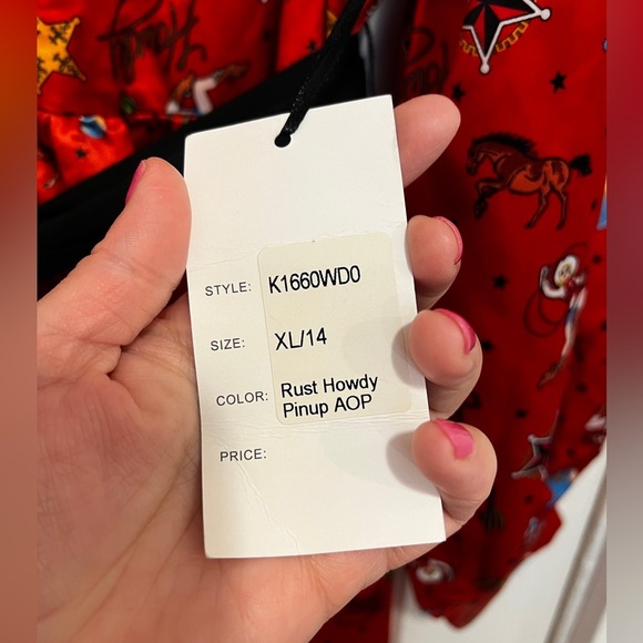 UNIQUE VINTAGE RUST Red Silk Western Print ROCKABILLY Dress with Tie NWT Howdy - Picture 10 of 12